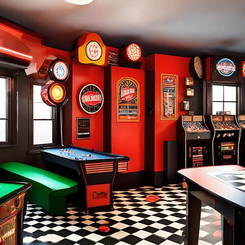 Een leuke speelkamer met spelmachines, dartboards en biljart.